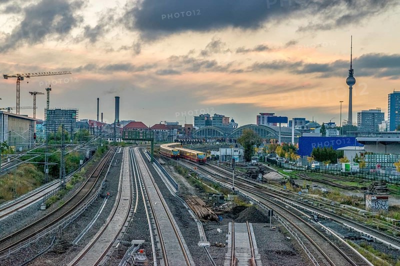 Berlin metro railway tracks with TV Tower in background