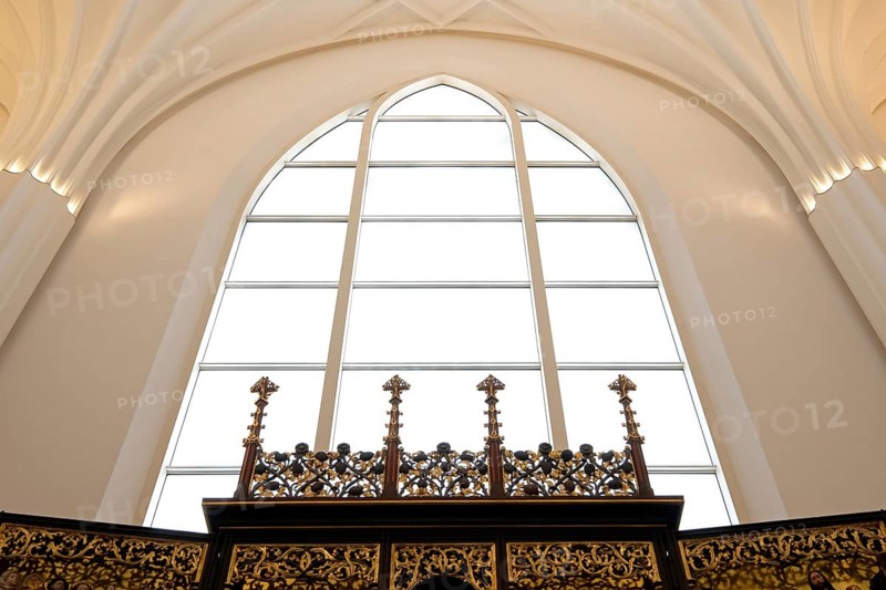 View upwards in the New Paulinerkirche Leipzig on Augustusplatz. Leipzig, Saxony, Germany, Europe