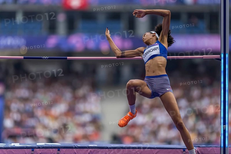 VASHTI CUNNINGHAM USA of the United States, competes in the Women's High Jump at the Stade de France Stadium during the 2024 Paris Summer Olympics in Paris, France, Paris, Europe