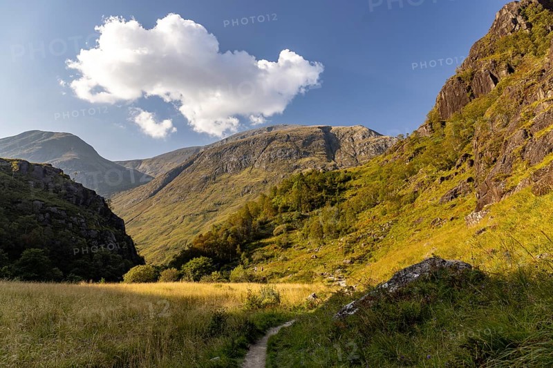 Hiking trail in the high valley, at the foot of Ben Nevis, Fort William, Highlands, Scotland, Great Britain