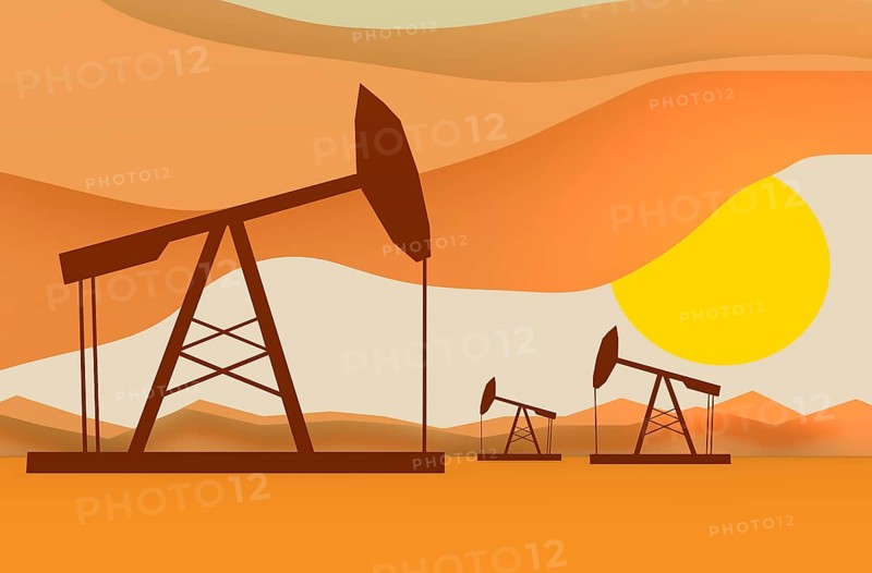 Oil pumps in sun down. Energy and power relative backdrop