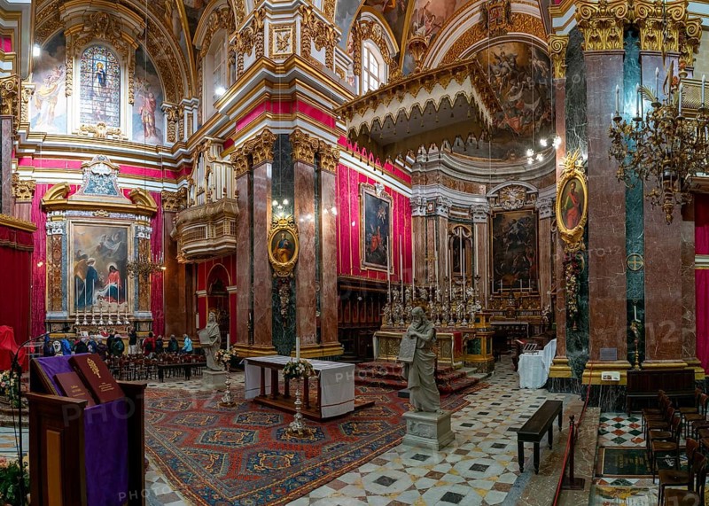 Mdina, Malta, 22 December, 2023: view of the central nave and altar in the Metropolitan Cathedral of St. Paul in Mdina, Europe