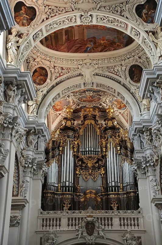 Interior view of St Stephen's Cathedral with organ in Passau
