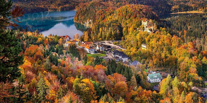 Hohenschwangau Castle View from Neuschwanstein Castle, 19th Century Neo-Romanesque Neo-Gothic Style Palace, Schwangau, Füssen, Ostallgäu, Bavaria, Germany, Europe