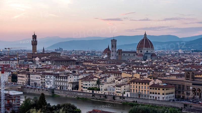 Skyline of downtown Florence during sunset, seen from the famous Piazzale Michelangelo, Italy, Europe