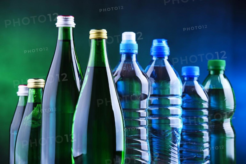 Composition with different sorts of bottles containing mineral water