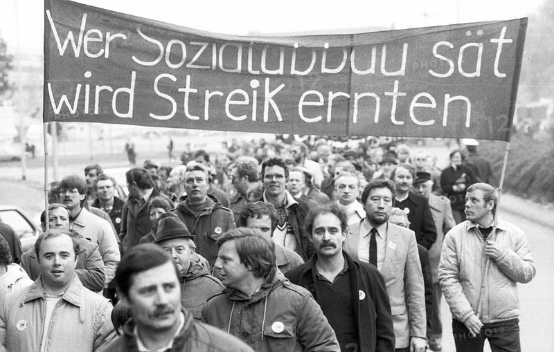 The DGB's call in 1982 against unemployment and social cuts was followed by about 50, 000 workers and employees from all individual trade unions to demonstrate and rally, Germany, Europe
