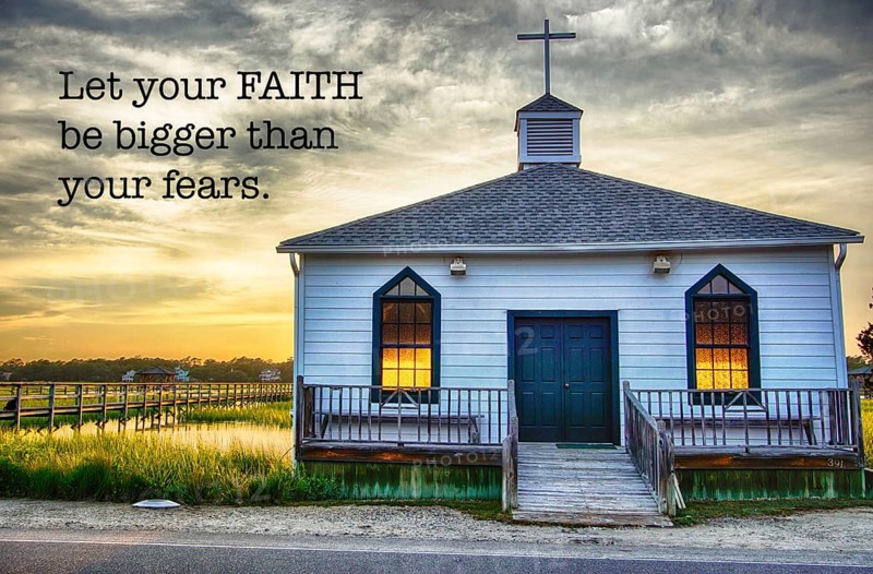 The historic chapel on Pawleys Island at sunset with inspirational faith-based text