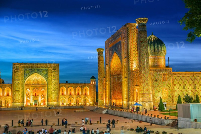 SAMARKAND, UZBEKISTAN - MAY 8, 2019: Registan, an old public square in the heart of the ancient city of Samarkand, Uzbekistan, Asia