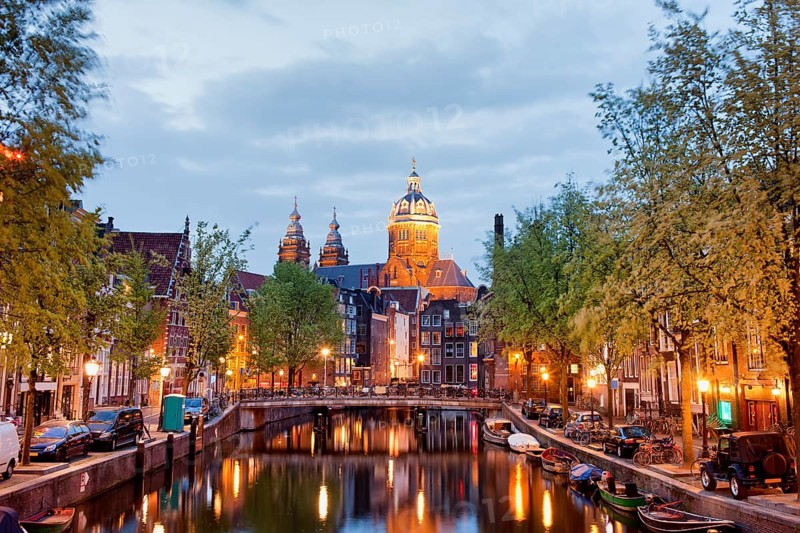 Red Light District in Amsterdam at dusk in Netherlands, North Holland province