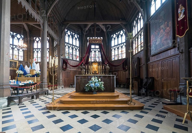 France - 15 August 2019: interior view of the altar in the historic Saint Catherine's Church in Honfleur