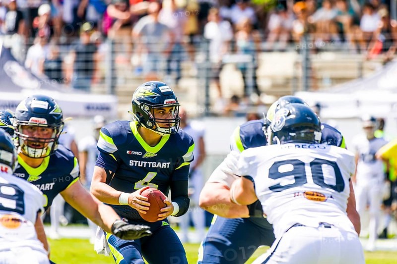European League of Football, ELF/ Game : Milano Seamen at Stuttgart Surge, on June. 18. 2023, in the Gazi Stadium, Stuttgart, Germany Stuttgart Surge, QB # 4 Reilly Hennessey