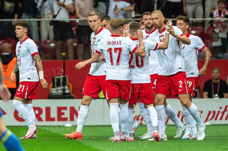 WARSAW, POLAND - JUNE 7, 2024: Friendly soccer match Poland - Ukraine 3:1. Joy team of Poland after scoring goal.