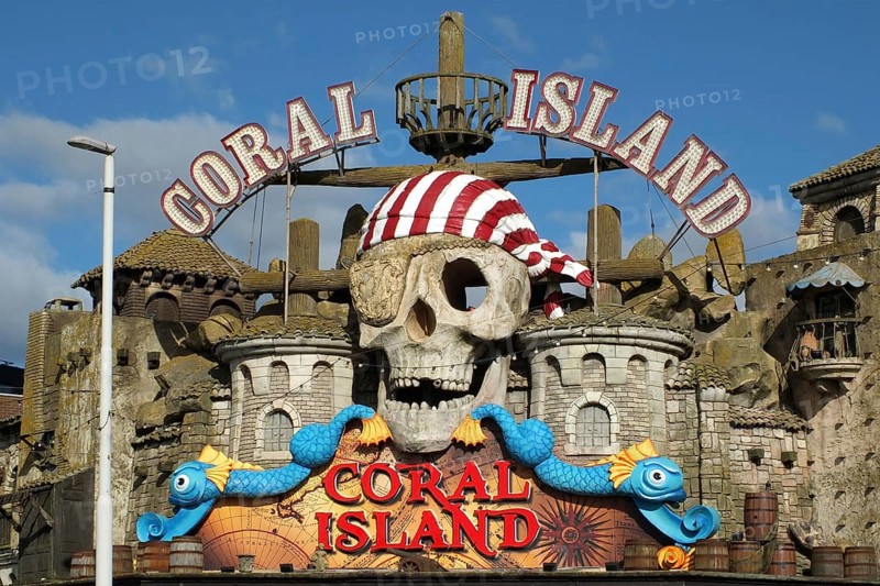 Blackpool, Lancashire, United Kingdom, 5 March 2022: pirate themed sign above the coral island fun park and casino in blackpool, Europe