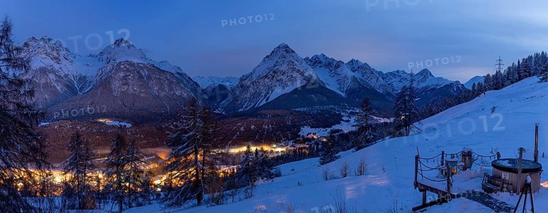 Evening mood, view from a hut with hot pot from Motta Naluns over Scuol towards Val S-charl, Engadin, Grisons, Switzerland, Europe