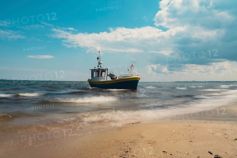 Fishing boat on the beach in Sopot, Poland. Magnificent long exposure calm Baltic Sea. Wallpaper defocused waves. Fishermans sea bay Vacation and holidays. travel attraction tourist destination
