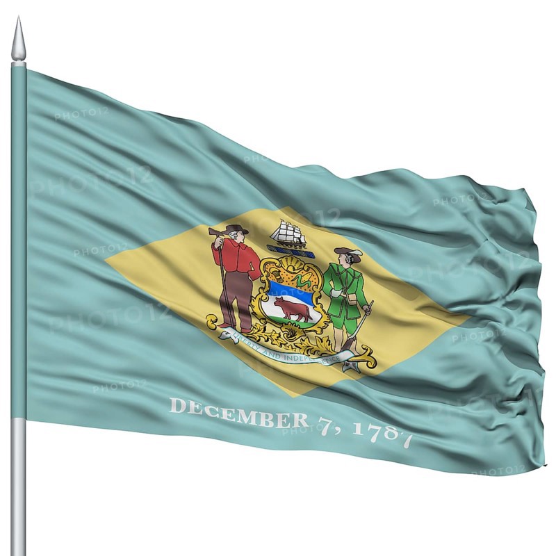 Isolated Delaware Flag on Flagpole, USA state, Flying in the Wind, Isolated on White Background