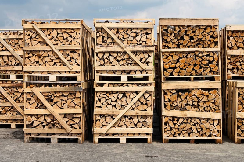 A large stack of firewood. Packed on pallets Austria