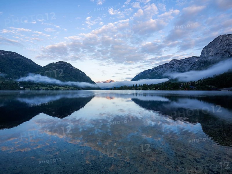 Morning fog over the lake, reflection, Grundlsee, Salzkammergut, Styria, Austria, Europe