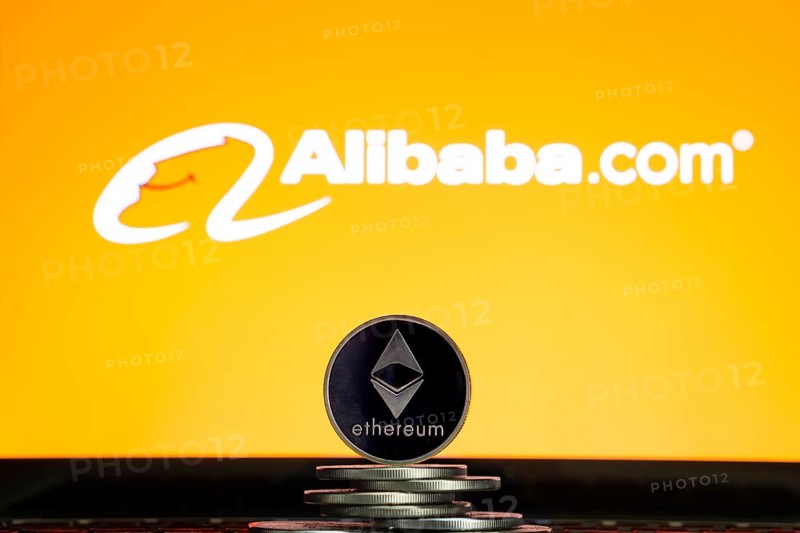 Ethereum coins with Alibaba logo on a laptop screen. Slovenia, Ljubljana, 02 24 2019