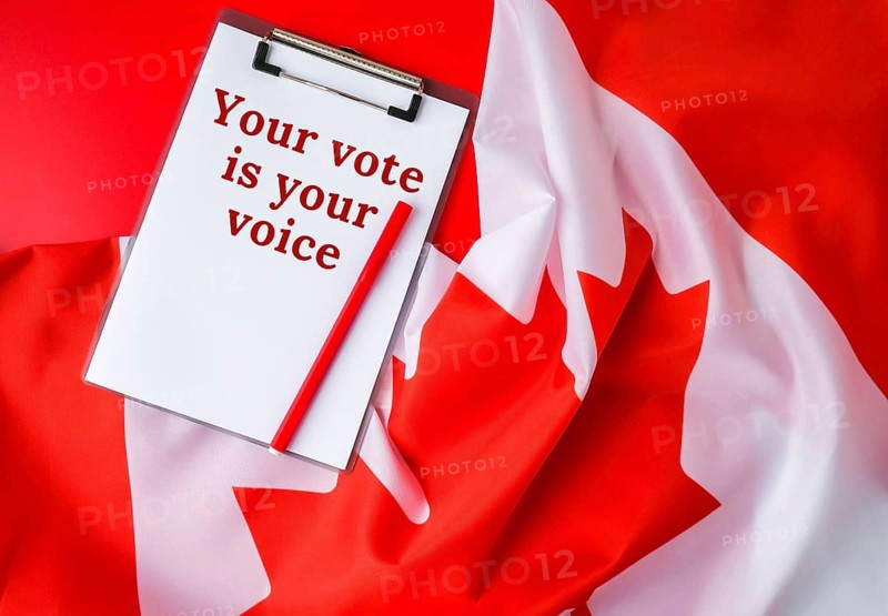 The National Flag of Canada. Canadian Flag or the Maple Leaf with paper note message text. Election day, give vote, your vote matters counts, vote is voice. Be responsible. Voting government Patriotism campaign