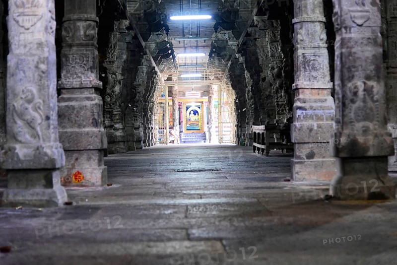 Ekambareshvara Temple, Kanchipuram, Tamil Nadu, Stone temple corridors with ornately decorated pillars, Kanchipuram, Tamil Nadu, South India, India, Asia