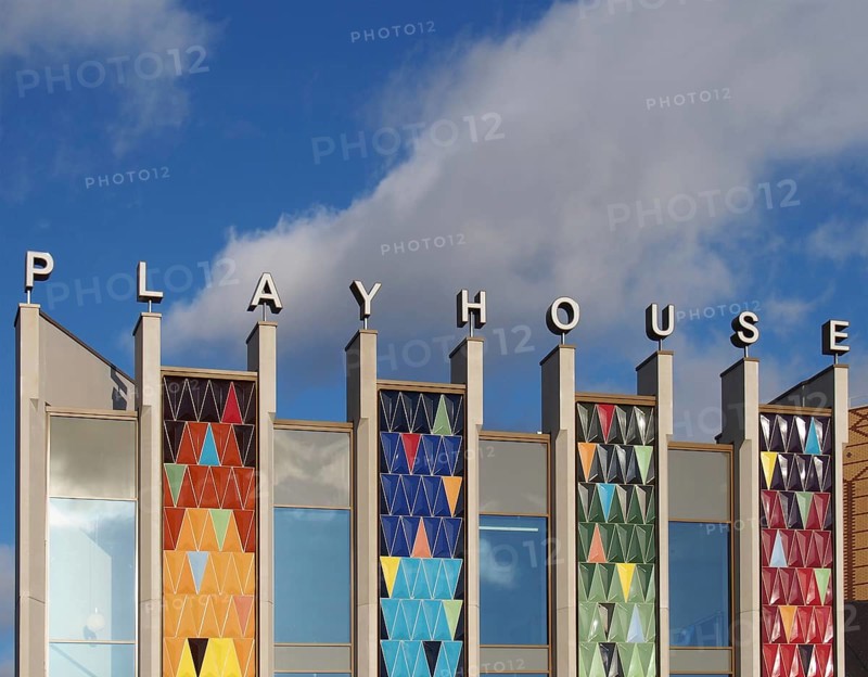 Leeds, West Yorkshire, United Kingdom, 22 February 2020: the brightly coloured facade of the new west yorkshire playhouse theatre building against a bright cloudy blue sky, Europe