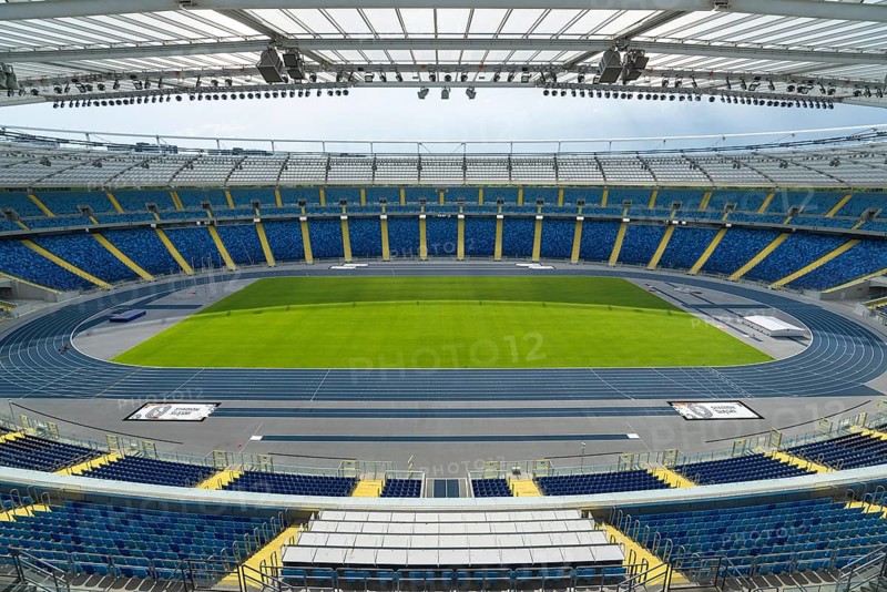 CHORZOW, POLAND - MAY 9, 2018: Tribune and pitch at Silesian Stadium multifunctional arena adapted to football matches, athletics and speedway. The second largest stadium in Poland