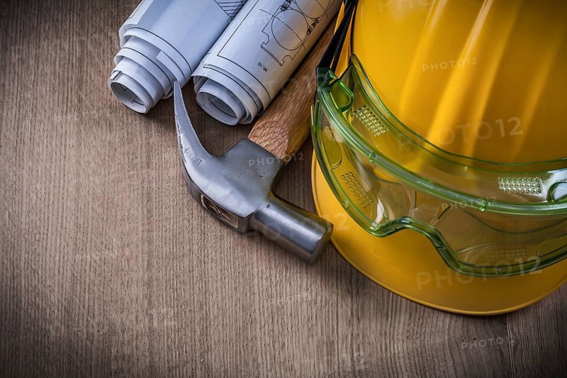 Claw hammer safety goggles construction drawings and hard hat
