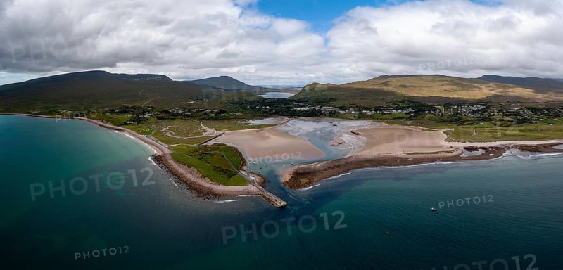 A panorama landscape of the village and harbor of Mulranny in County Mayo of western Ireland