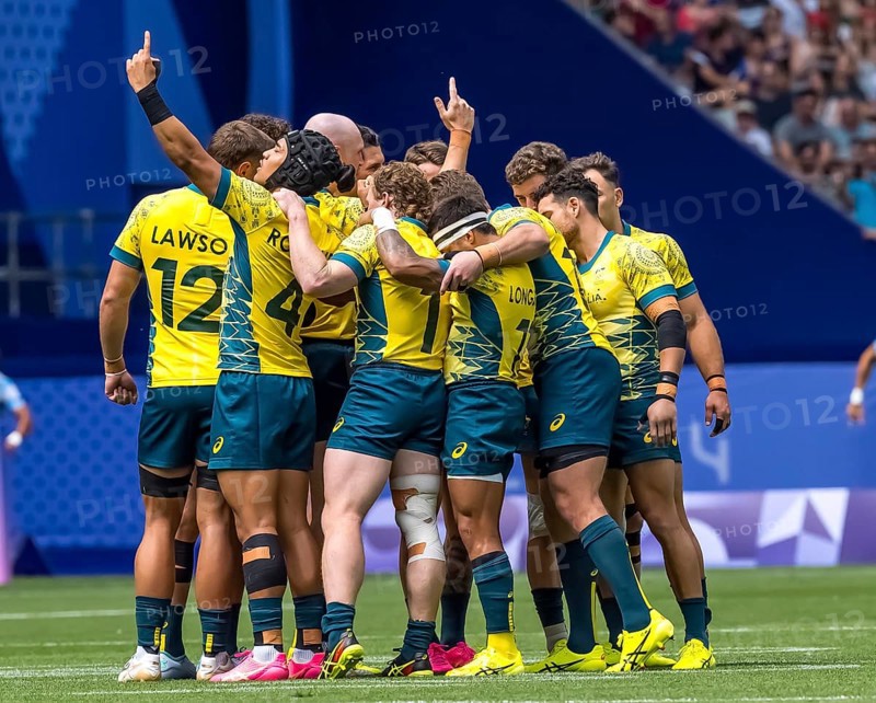 Men?s Pool B Rugby Seven: Team Australia (AUS) prepares for their match against Argentina (ARG) at the Paris 2024 Olympic Games at Stade de France in Saint-Denis, France, Europe