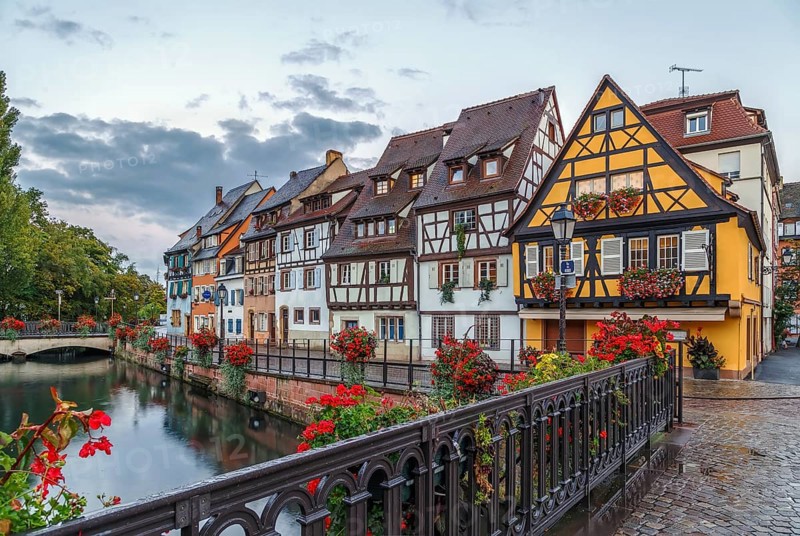 Embankment of Lauch River with historical houses in Colmar, Alsace, France, Europe