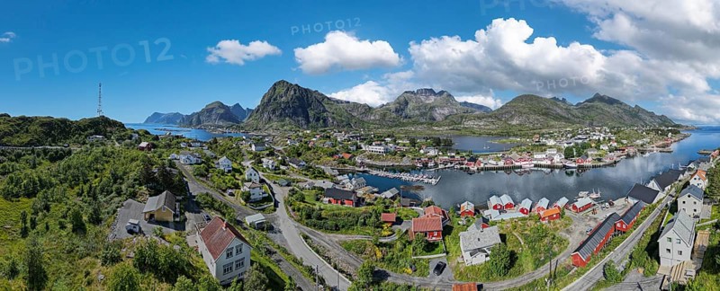 Aerial view, panorama with village view in the middle of lush landscape at the Vestfjord, Sorvagen, Lofoten, Norway, Europe