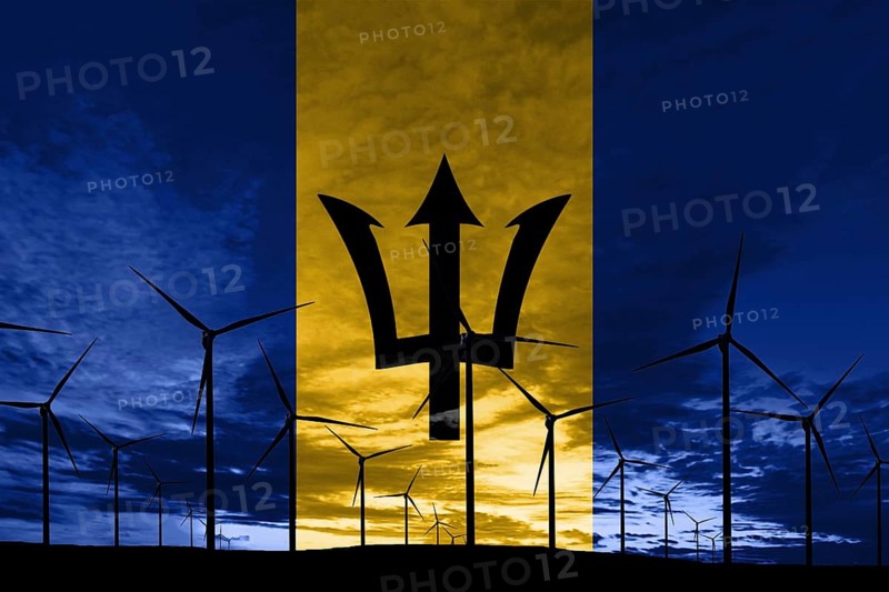 Barbados flag wind farm at sunset, sustainable development, renewable energy Wind Turbines