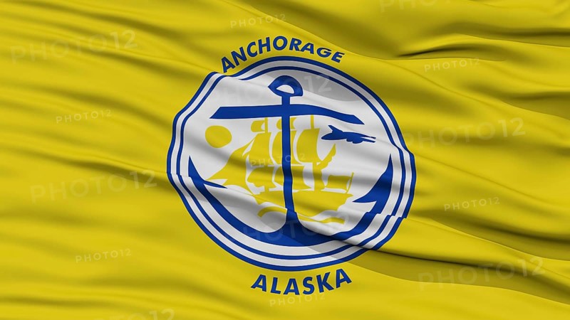 Closeup of Anchorage City Flag, Waving in the Wind, Alaska State, United States of America