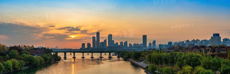 Seoul South Korea, sunrise city skyline of skyscraper at Yeouido and Han River
