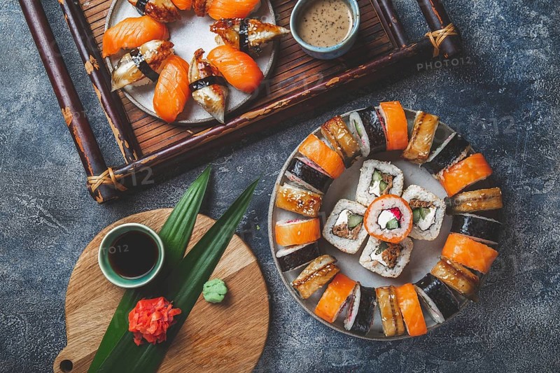 Food, Food, Sushi and rolls sets. Japonese food. top view