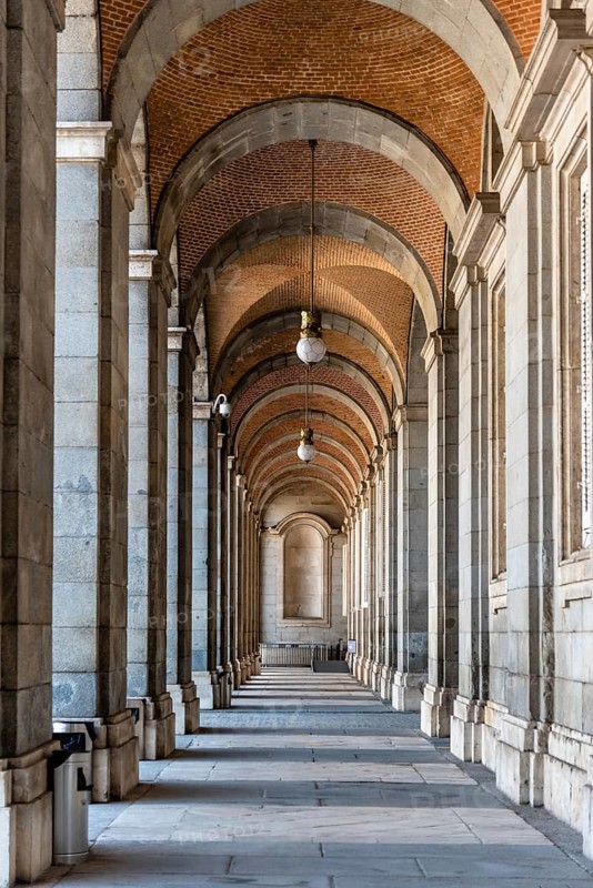 Madrid, Spain, November 1, 2020: Arcade in the Royal Palace of Madrid. Plaza de la Armeria, Europe