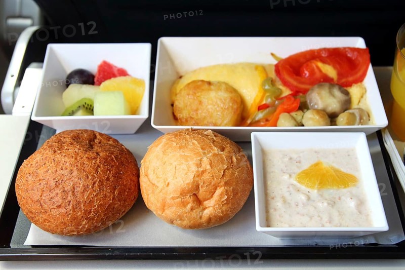 Lunch in airplane, seafood meal