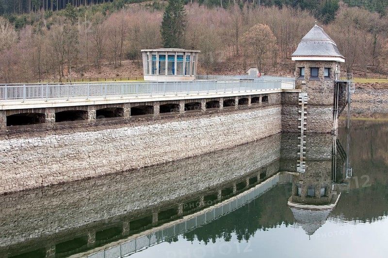 Dam of the Lister Reservoir, turbine tower at Bigge Reservoir hydroelectric power station, Olpe, Germany, Europe