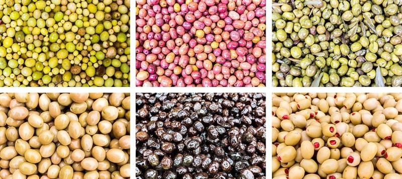 Photo collection of different colorful tasty olives
