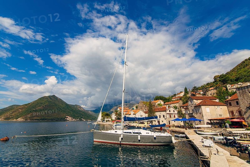 Yachts near the old town of Perast in Montenegro