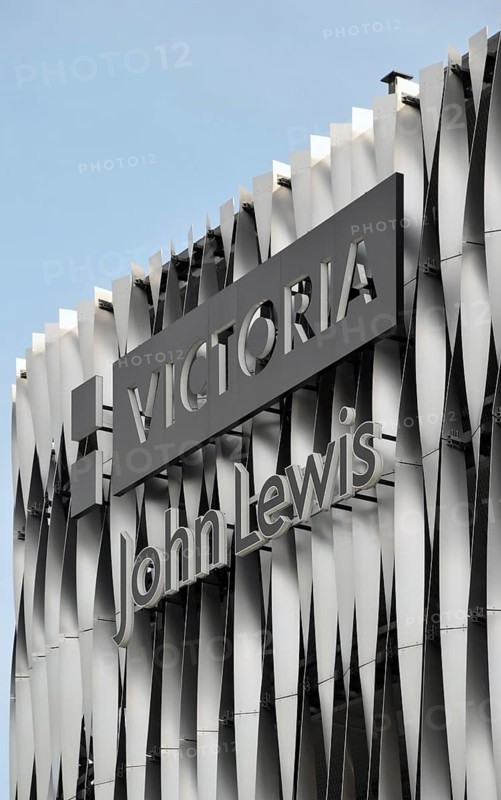 Leeds, west yorkshire, england: 3 september 2020: the facade of the victoria quarter shopping center and john lewis retail developments in leeds west yorkshire