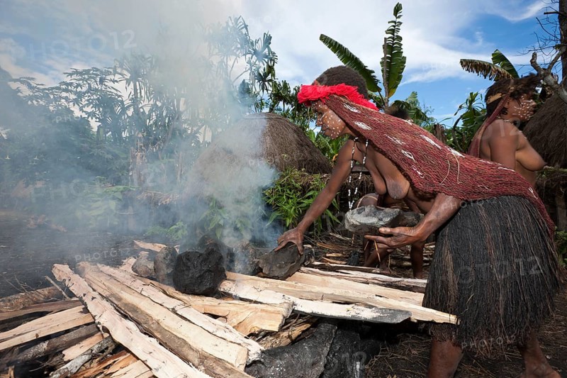 Dani Stamm heats stones for an earth oven, Baliem Valley, West Papua, Indonesia, Asia