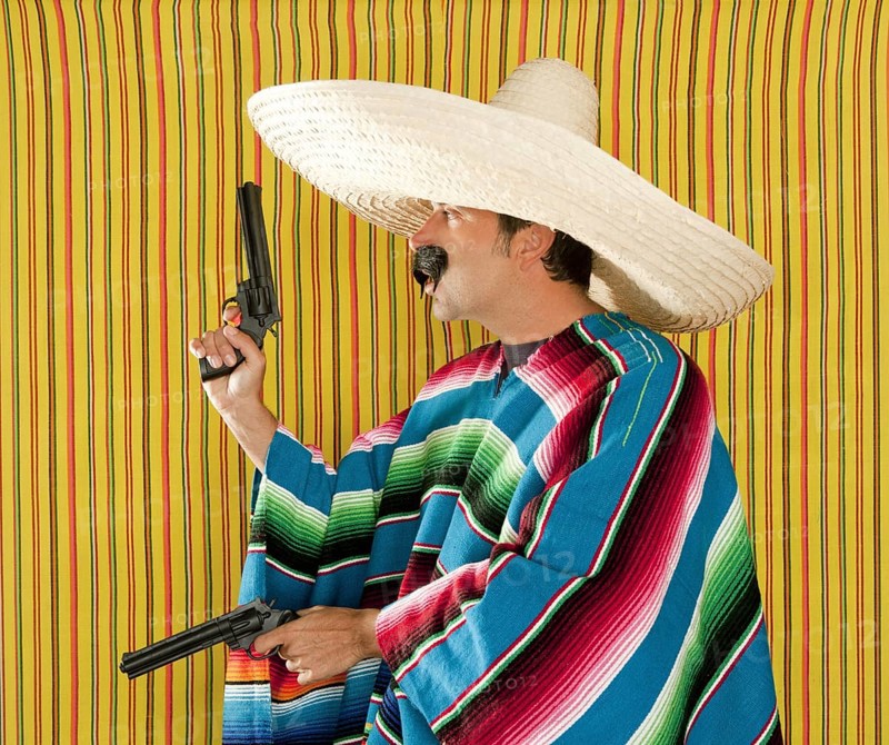 Bandit Mexican revolver mustache gunman sombrero poncho serape