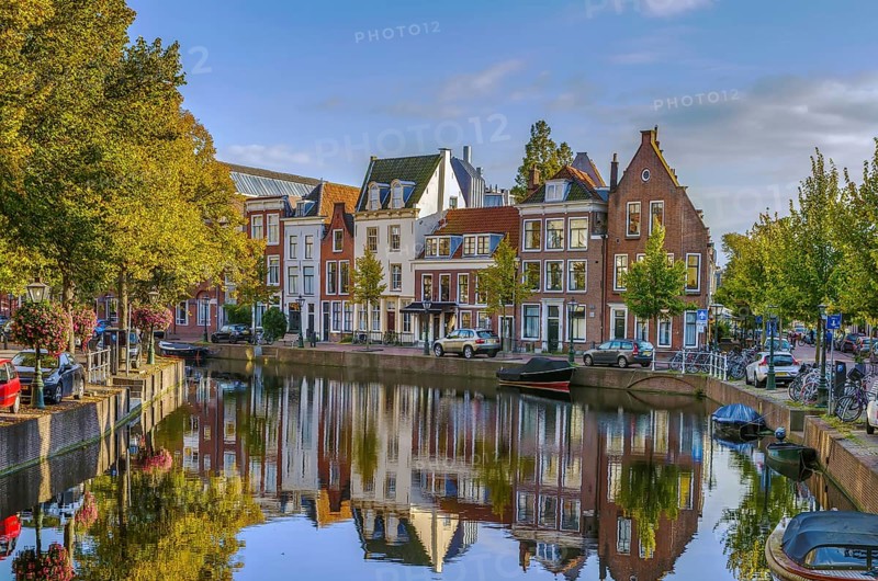 Cityscape of Leiden with channel in city center, Netherlands