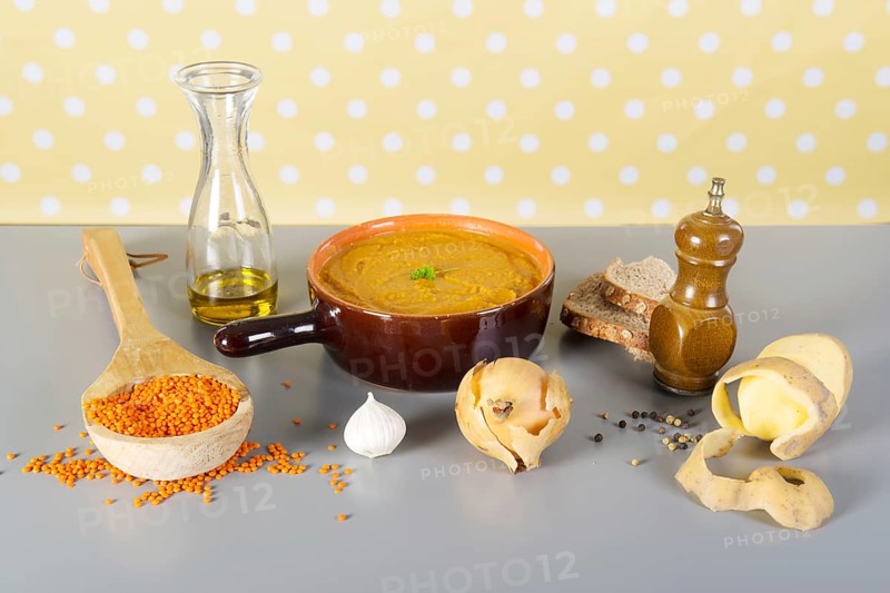 Home made vegetarian lentil soup with ingredients