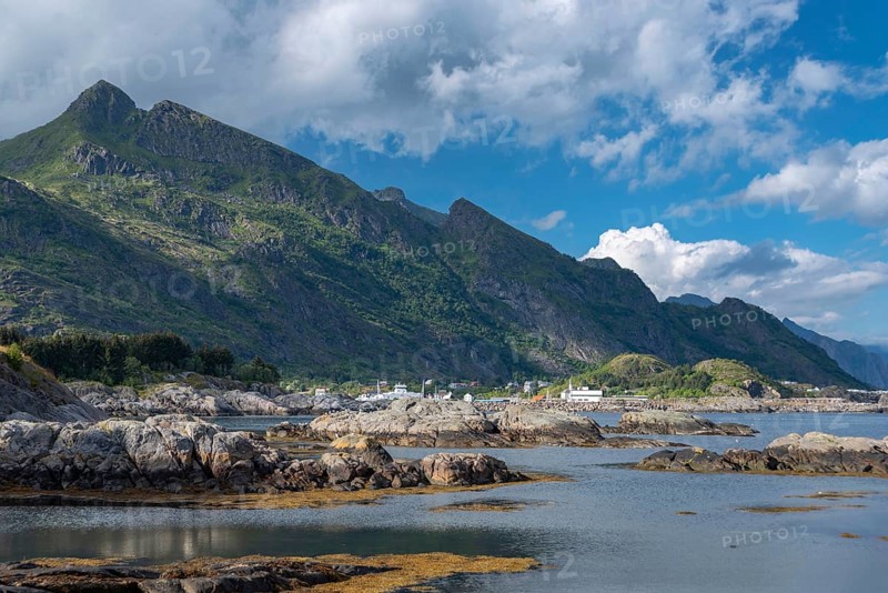Landscape with rocky coast at the Vestfjord, Sorvagen, Lofoten, Norway, Europe