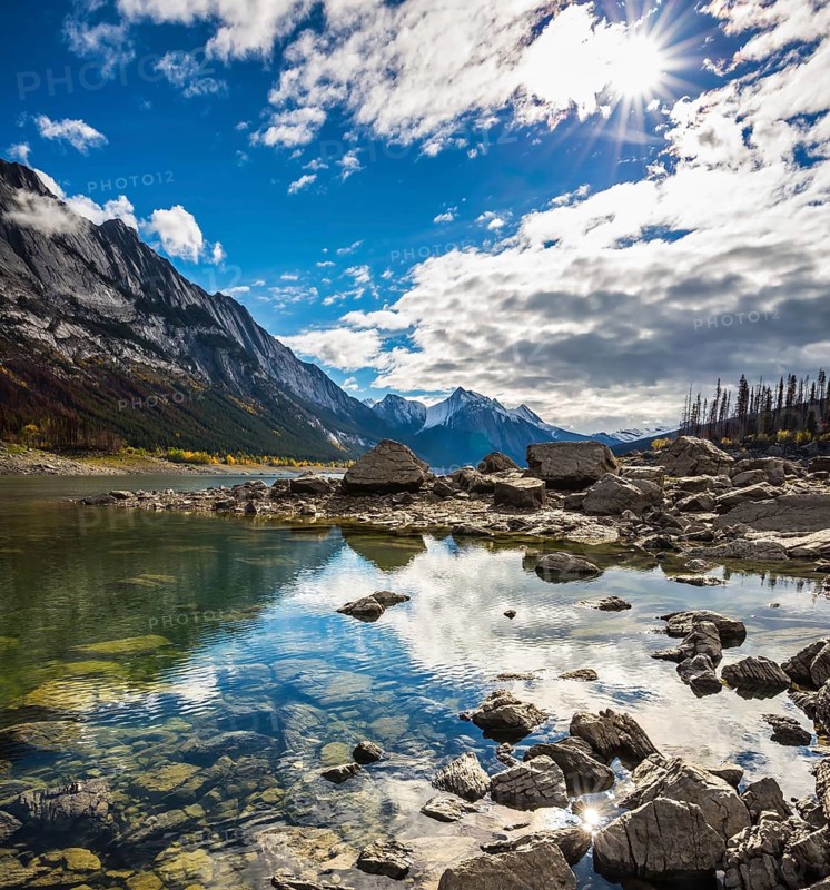 The shoaled Medicine Lake. Jasper national park, Canada, North America