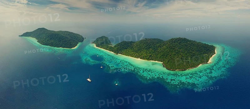 Aerial top panorama view of beauty nature landscape with beach, corals and sea on tropical Koh Rok island, Thailand, Asia